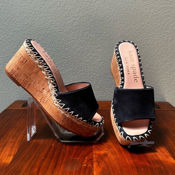 Kate Spade Cosette Platform Cork Slides Navy Blue Suede Mules New York Wedges - Picture 10 of 16